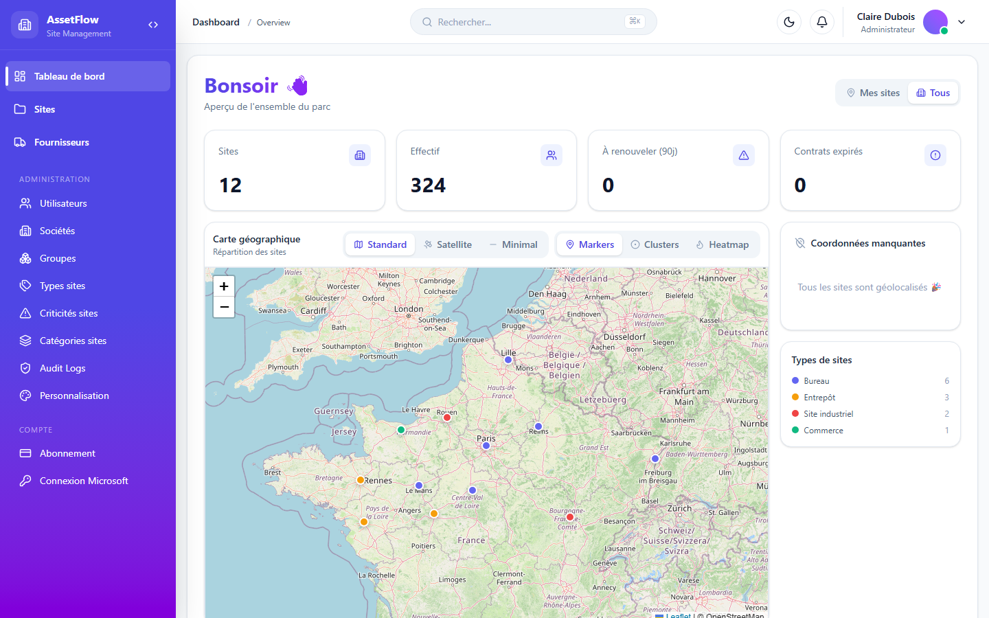 Tableau de bord Vardis : carte des sites, statistiques de conformité et liste des sites récents