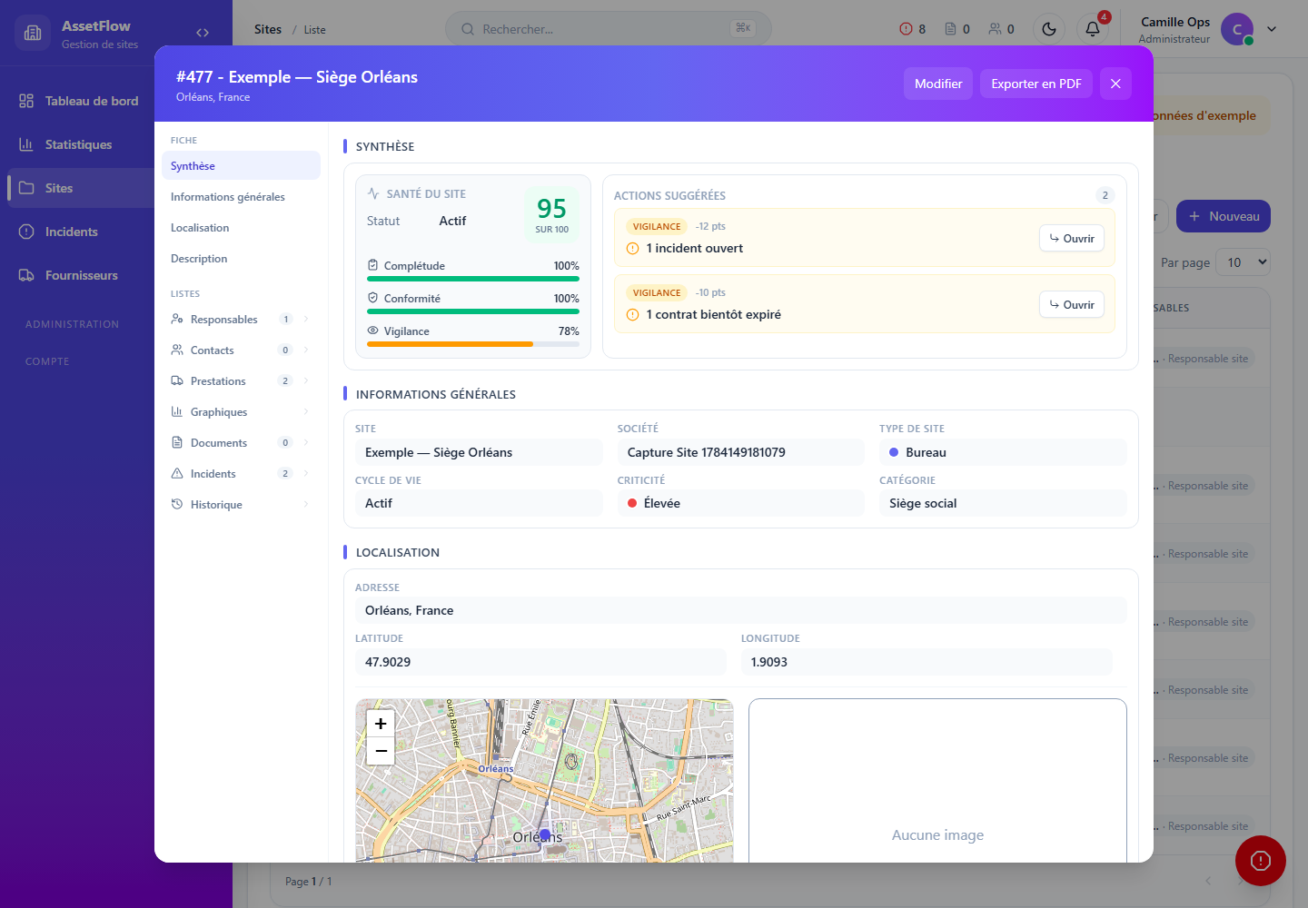 Fiche Site Vardis avec score de santé, actions suggérées, responsables, prestations, documents et incidents